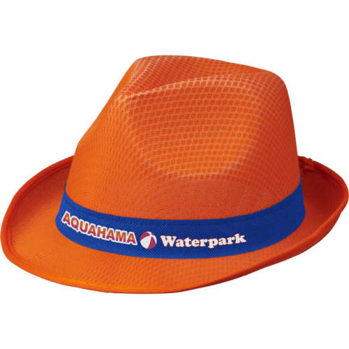 Company branded orange Trilby Style Hat & personalisation to the blue ribbon from Total Merchandise