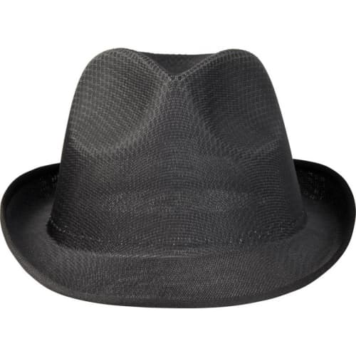 Front view of our black trilby Style Hat from Total Merchandise