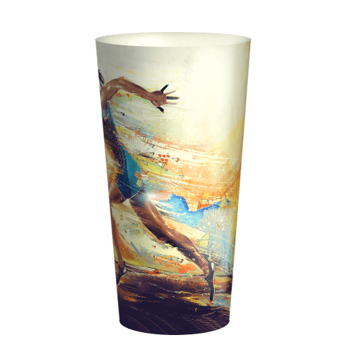 Custom branded Pint Plastic Festival Cups in translucent clear with a printed design