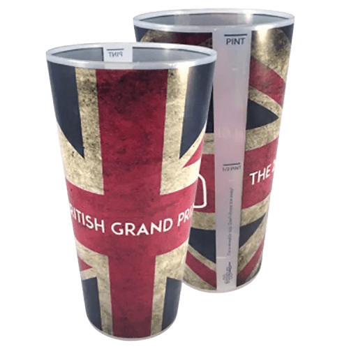 Full colour custom branded Pint Plastic Festival Cups with a logo printed all over