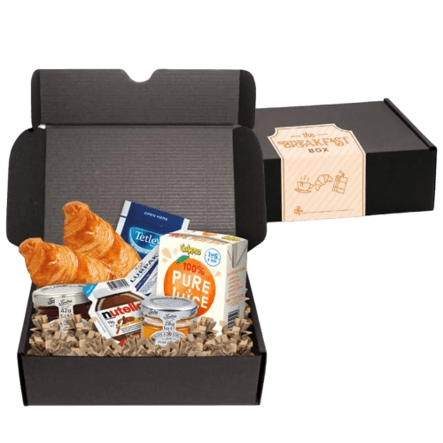 Branded Breakfast Boxes in Black with multiple items inside by Total Merchandise