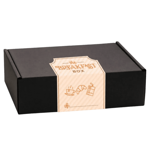 Outside of Branded Breakfast Boxes in Black with full colour printed wrap by Total Merchandise