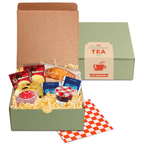 Promotional Afternoon Tea Boxes in a pastel green eco-friendly box with items from Total Merchandise