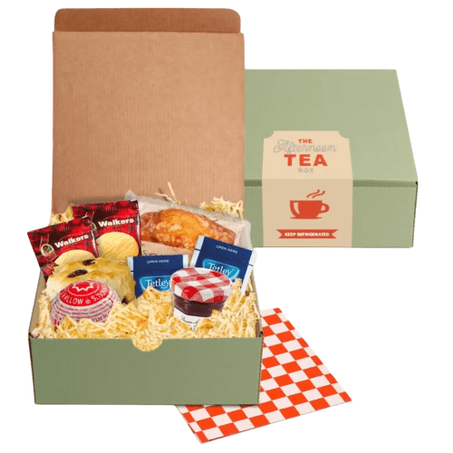 Promotional Afternoon Tea Boxes in a pastel green eco-friendly box with items from Total Merchandise