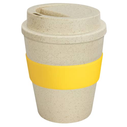 Corporate Branded Eco Reusable Coffee Cups in Natural Colour with Yellow Grip from Total Merchandise