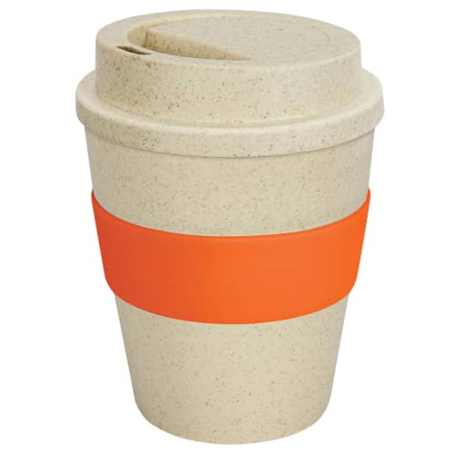 Custom Printed Eco Reusable Coffee Cups in Natural Colour with Orange Grip from Total Merchandise