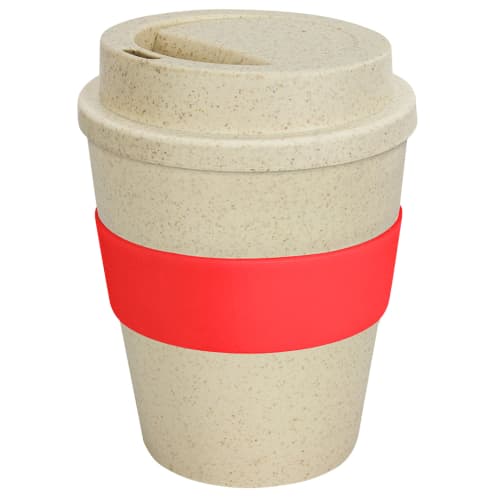 UK Express Printed Eco Reusable Coffee Cups in Natural Colour with Red Grip from Total Merchandise