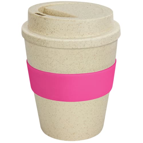 UK Printed Eco-friendly Rice Husk Reusable Coffee Cups with Pink Grip from Total Merchandise