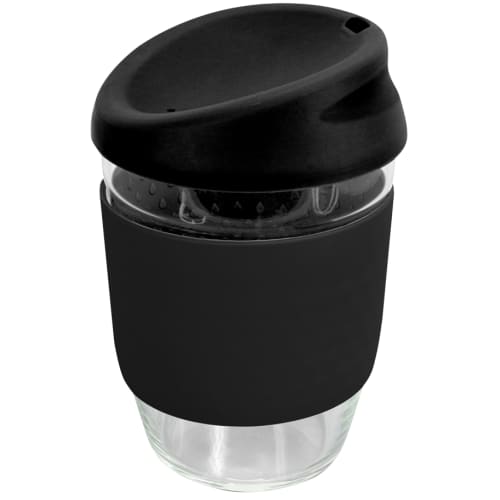 Promotional Kiato Reusable Glass Coffee Cups in Black from Total Merchandise