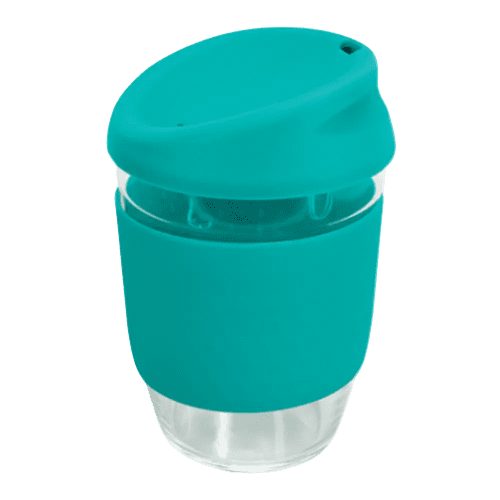 Custom Branded Kiato Reusable Glass Coffee Cups in Aqua