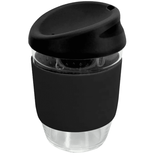 Promotional Kiato Reusable Glass Coffee Cups in Black from Total Merchandise