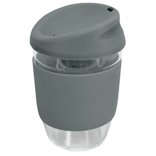 Express Branded Kiato Reusable Glass Coffee Cups in Grey from Total Merchandise