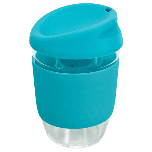 Branded Kiato Reusable Glass Coffee Cups in Light Blue from Total Merchandise