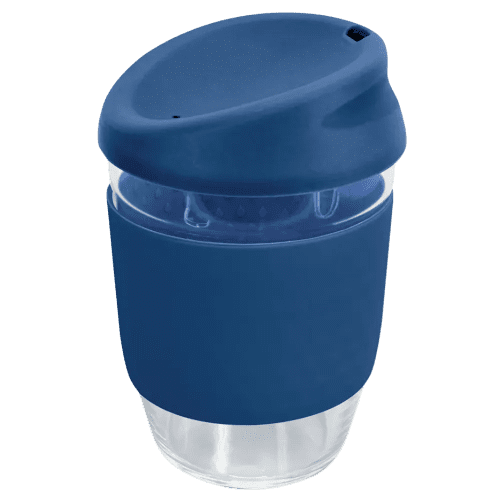 Promotional Kiato Reusable Glass Coffee Cups in Navy Blue from Total Merchandise