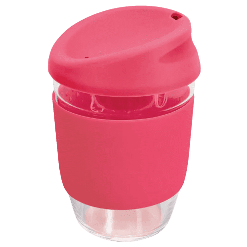 Printed Kiato Reusable Glass Coffee Cups in Pink from Total Merchandise