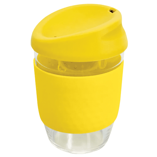 Promotional Kiato Reusable Glass Coffee Cups in Yellow from Total Merchandise