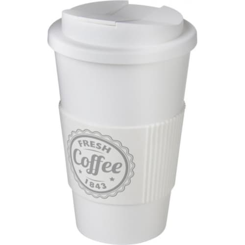 Branded Spill-Proof Americano Mugs in White with a Logo Printed to the Grip by Total Merchandise