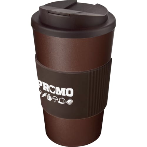 Promotional Spill-Proof Americano Mugs in Brown with a Logo Printed to the Grip by Total Merchandise