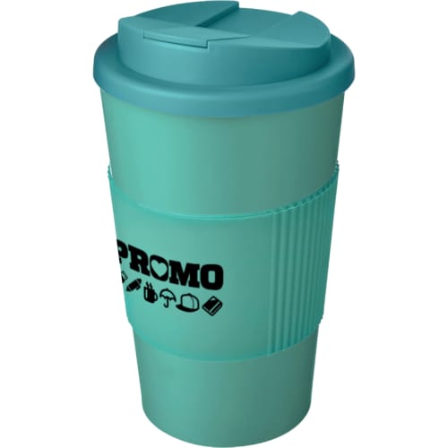 Branded Spill-Proof Americano Mugs in Aqua with a Logo Printed to the Grip by Total Merchandise