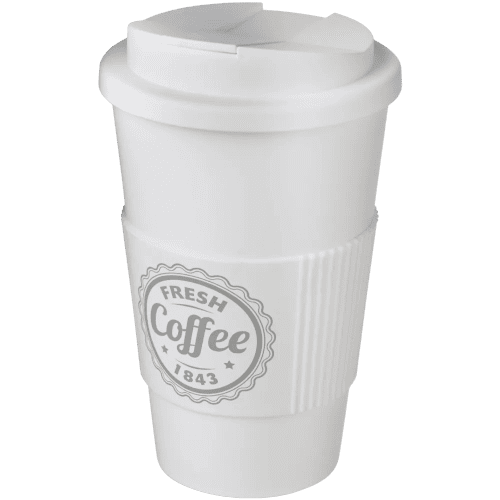 Branded Spill-Proof Americano Mugs in White with a Logo Printed to the Grip by Total Merchandise