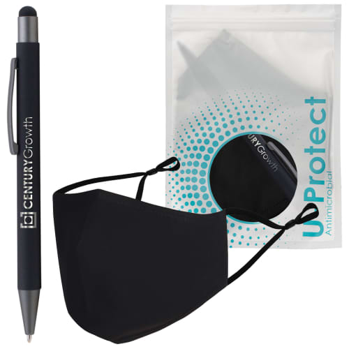 Promotional UProtect® Antimicrobial Face Mask & Stylus Pen Sets in Black from Total Merchandise