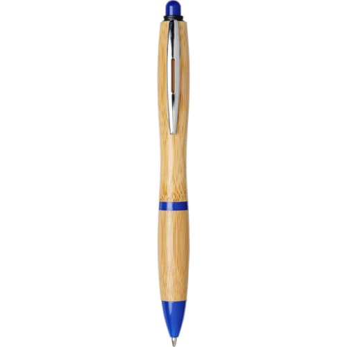 Logo printed Nash Curvy Bamboo Pen in Natural/Royal Blue from Total Merchandise