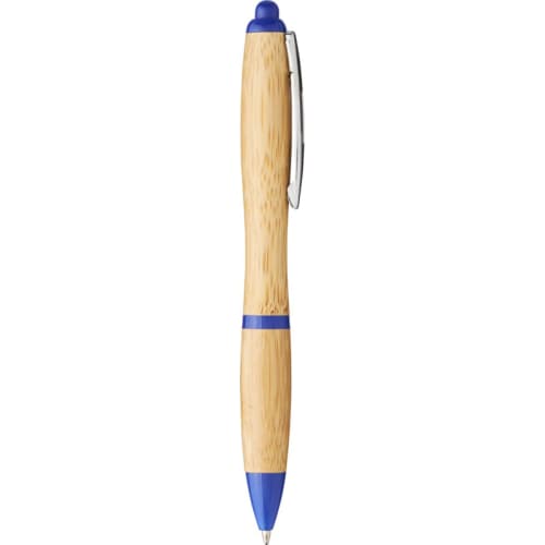 Side view of our Nash Curvy Bamboo Pen in Natural/Royal Blue from Total Merchandise