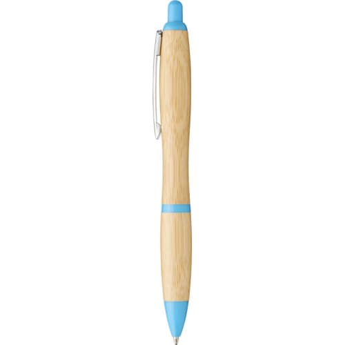 Company logo printed Nash Curvy Bamboo Pen in Natural/Light Blue from Total Merchandise