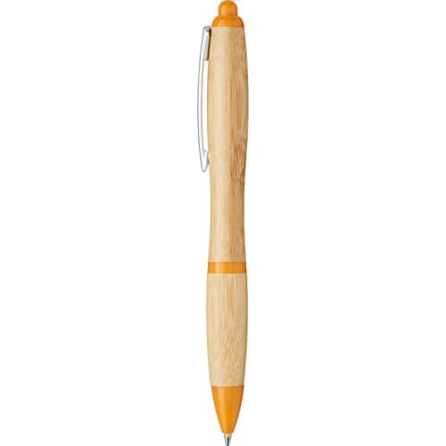 Promotional logo printed Nash Curvy Bamboo Pen in Natural/Orange from Total Merchandise
