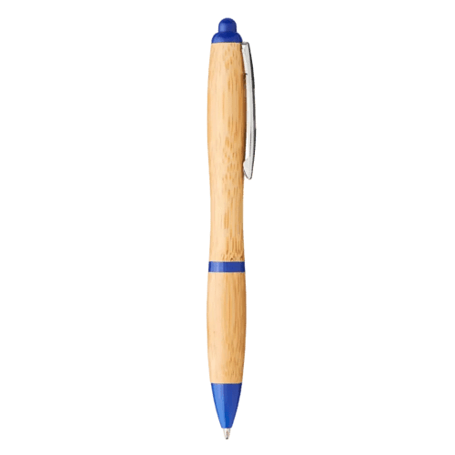 Side view of our Nash Curvy Bamboo Pen in Natural/Royal Blue from Total Merchandise