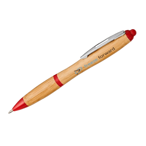 Logo branded Nash Curvy Bamboo Pen in Natural/Red from Total Merchandise