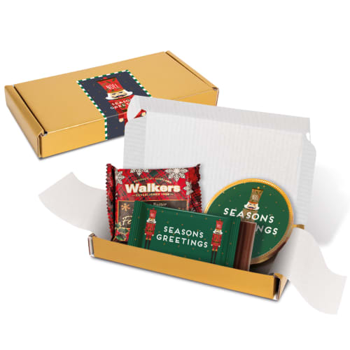 UK Printed Christmas Treats Box in Gold with Biscuits and Chocolate from Total Merchandise