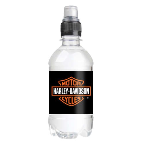 Promotional printed 330ml Bottled Water with a black sports cap from Total Merchandise