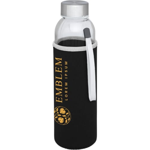 Custom printed Bodhi Glass Bottle in a black sleeve from Total Merchandise