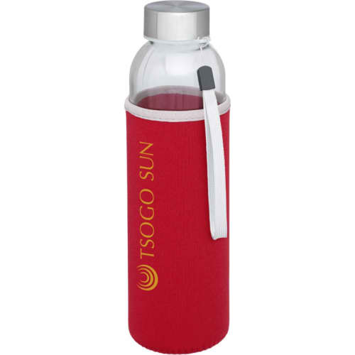 Logo printed Bodhi Glass Bottle in a red sleeve from Total Merchandise
