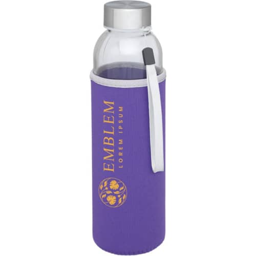 Bodhi Glass Bottle in a purple sleeve with a custom print from Total Merchandise