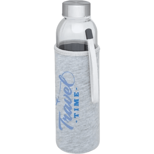 Promotional printed Glass Bottle in a grey sleeve with custom branding from Total Merchandise