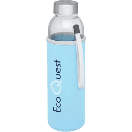 Personalised Bodhi Glass Bottle in a light blue sleeve with a custom print from Total Merchandise