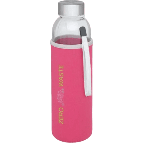 Promotional Bodhi Glass Bottle in a pink sleeve with a custom print from Total Merchandise