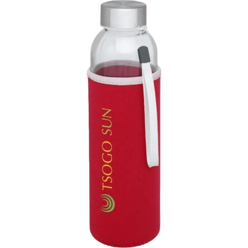 Logo printed Bodhi Glass Bottle in a red sleeve from Total Merchandise