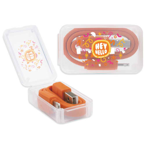 Branded 2-in-1 USB Charging Cables in Orange Printed with a Logo to the Case by Total Merchandise