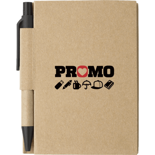 Promotional Mini Eco Notebook and Pen Set in Brown/Black Printed with a Logo by Total Merchandise