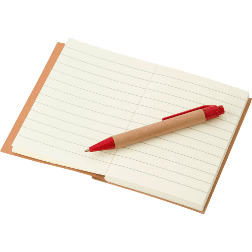 Promotional Mini Eco Notebook and Pen Set in Brown/Red Open to Show Pages from Total Merchandise