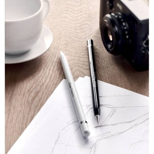 Promotional Aluminium Inkless Pens in White and Black showing example logos on both pens