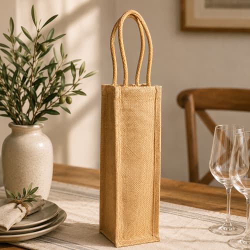 Lifestyle image of the Jute Wine Bottle Bag personalised by Total Merchandise