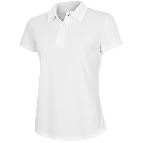 UK Branded Uneek Women's Performance Polo Shirts in White Printed by Total Merchandise