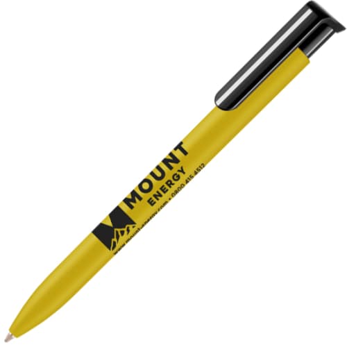 UK Branded Absolute Soft Feel Ballpens in Yellow Printed with a Logo by Total Merchandise