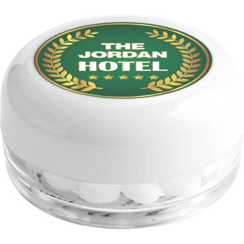 Promotional Mini Pocket Mint Pots in White/Clear Printed with a Logo by Total Merchandise