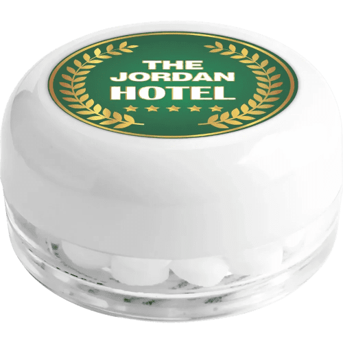 Promotional Mini Pocket Mint Pots in White/Clear Printed with a Logo by Total Merchandise