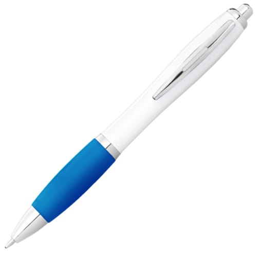 Nash White Barrel Ballpens with Coloured Grip in White/Aqua